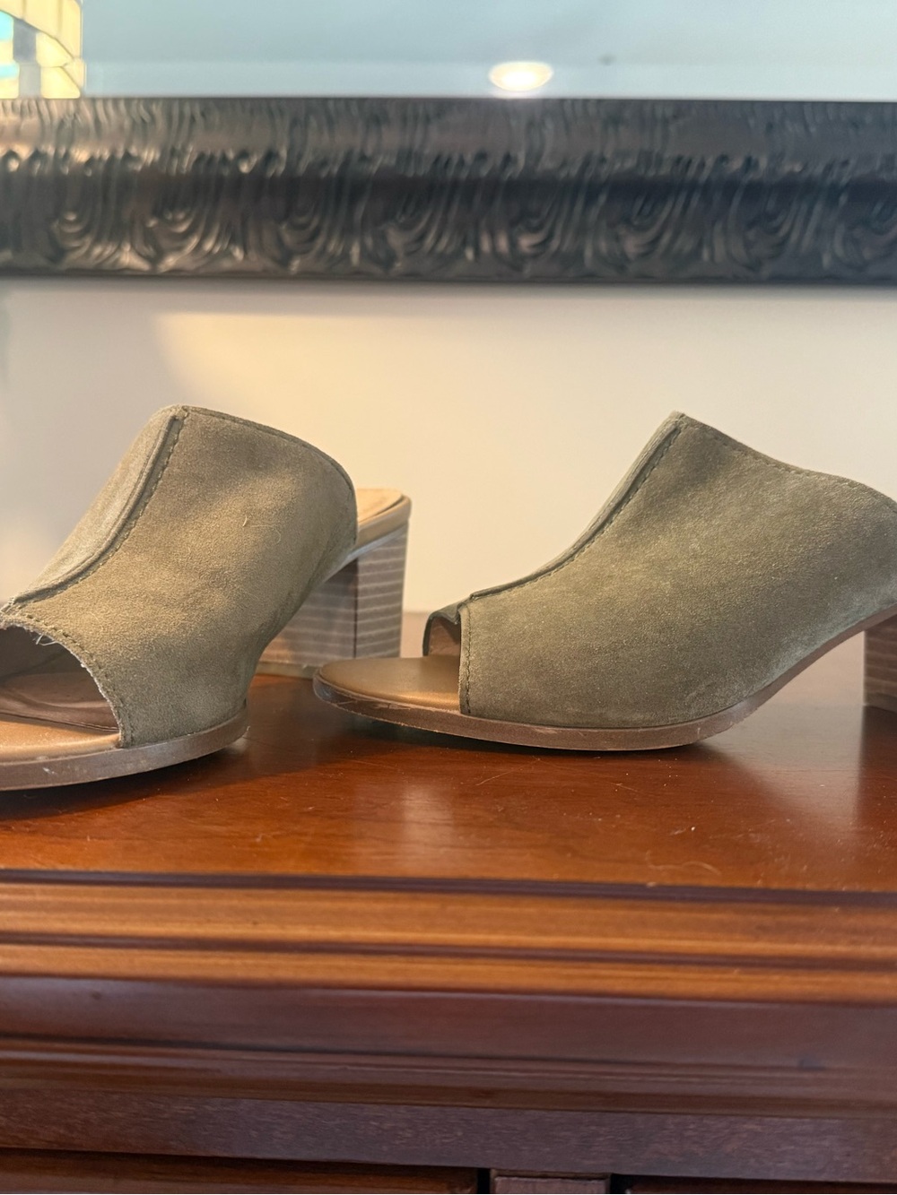 Tara M Olive Suede Open-Toe Block Heel Mules